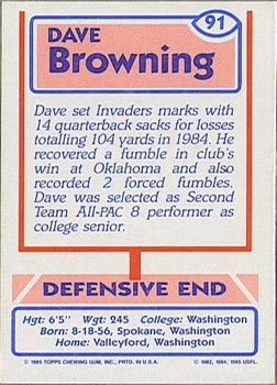1985 Topps USFL #91 Dave Browning Back