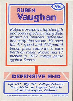1985 Topps USFL #96 Ruben Vaughan Back