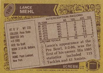 1986 Topps #108 Lance Mehl Back