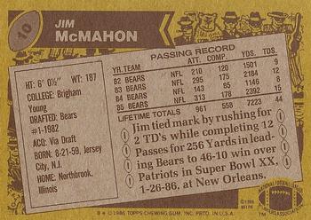 1986 Topps #10 Jim McMahon Back