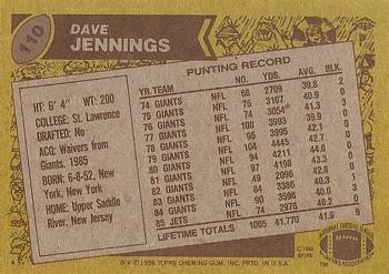 1986 Topps #110 Dave Jennings Back