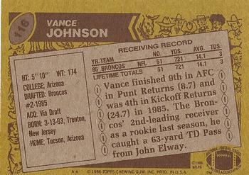 1986 Topps #116 Vance Johnson Back