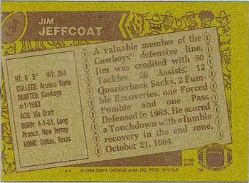 1986 Topps #134 Jim Jeffcoat Back