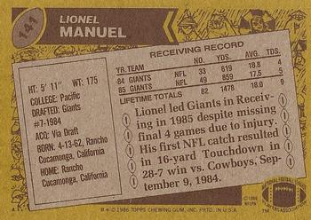 1986 Topps #141 Lionel Manuel Back