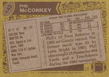 1986 Topps #143 Phil McConkey Back