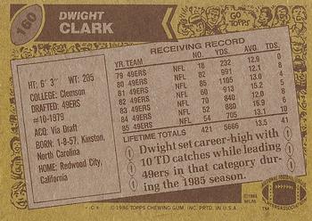1986 Topps #160 Dwight Clark Back