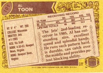1986 Topps #101 Al Toon Back