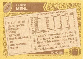 1986 Topps #108 Lance Mehl Back