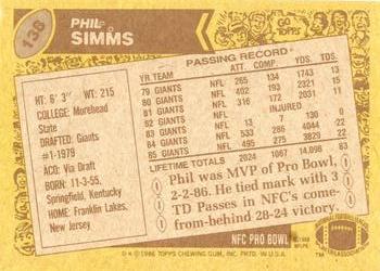 1986 Topps #138 Phil Simms Back