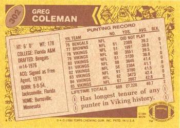 1986 Topps #302 Greg Coleman Back