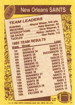 1986 Topps #338 Saints Team Leaders Back