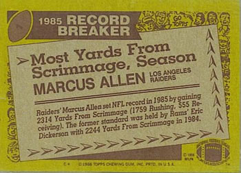 1986 Topps #1 Marcus Allen Back