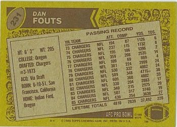 1986 Topps #231 Dan Fouts Back
