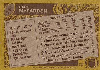1986 Topps #274 Paul McFadden Back