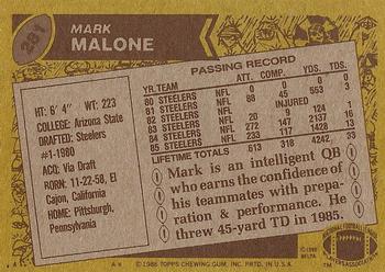 1986 Topps #281 Mark Malone Back