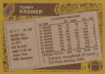 1986 Topps #293 Tommy Kramer Back