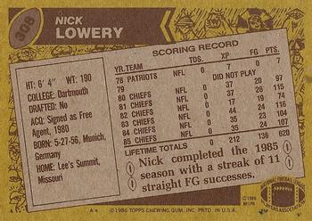 1986 Topps #308 Nick Lowery Back