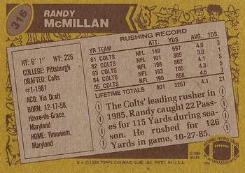 1986 Topps #316 Randy McMillan Back