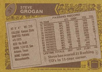 1986 Topps #31 Steve Grogan Back