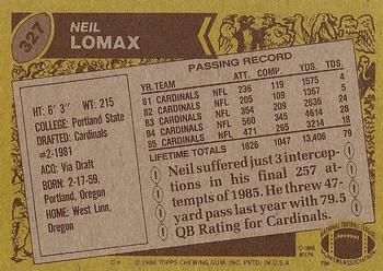 1986 Topps #327 Neil Lomax Back