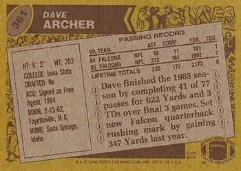1986 Topps #361 Dave Archer Back