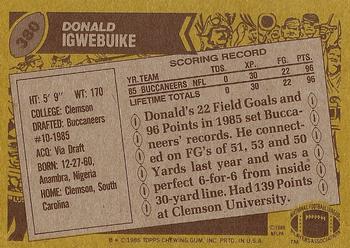 1986 Topps #380 Donald Igwebuike Back