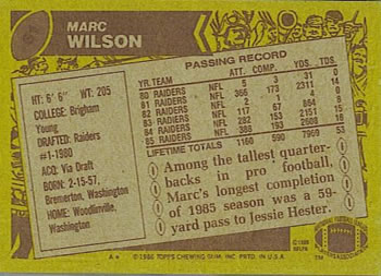 1986 Topps #61 Marc Wilson Back