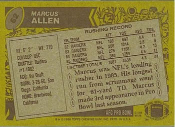 1986 Topps #62 Marcus Allen Back