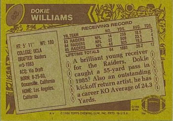1986 Topps #63 Dokie Williams Back
