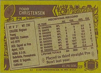 1986 Topps #64 Todd Christensen Back