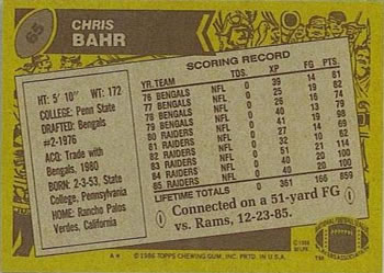 1986 Topps #65 Chris Bahr Back