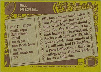 1986 Topps #68 Bill Pickel Back