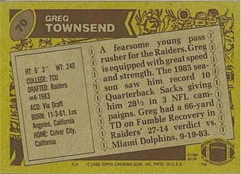 1986 Topps #70 Greg Townsend Back