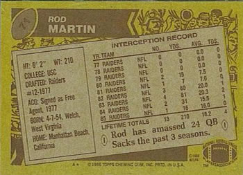 1986 Topps #71 Rod Martin Back