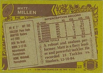 1986 Topps #72 Matt Millen Back