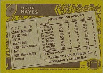 1986 Topps #74 Lester Hayes Back