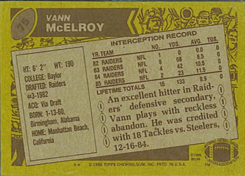 1986 Topps #75 Vann McElroy Back