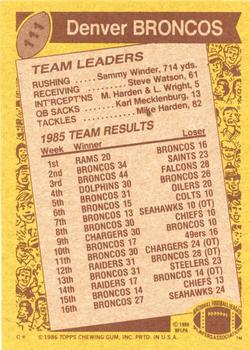 1986 Topps #111 Broncos Team Leaders Back