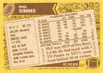 1986 Topps #138 Phil Simms Back