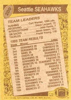 1986 Topps #200 Seahawks Team Leaders Back