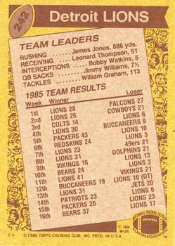1986 Topps #242 Lions Team Leaders Back