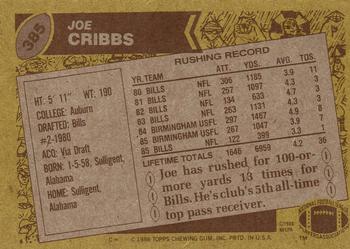 1986 Topps #385 Joe Cribbs Back