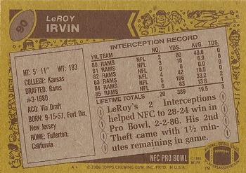 1986 Topps #90 LeRoy Irvin Back