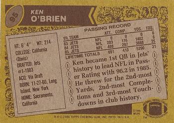 1986 Topps #95 Ken O'Brien Back