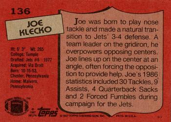 1987 Topps #136 Joe Klecko Back