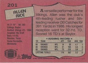 1987 Topps #201 Allen Rice Back