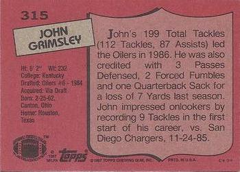 1987 Topps #315 John Grimsley Back
