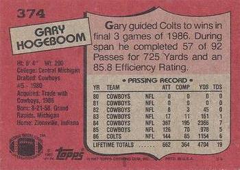 1987 Topps #374 Gary Hogeboom Back