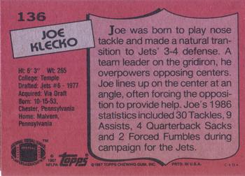 1987 Topps #136 Joe Klecko Back