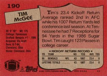 1987 Topps #190 Tim McGee Back